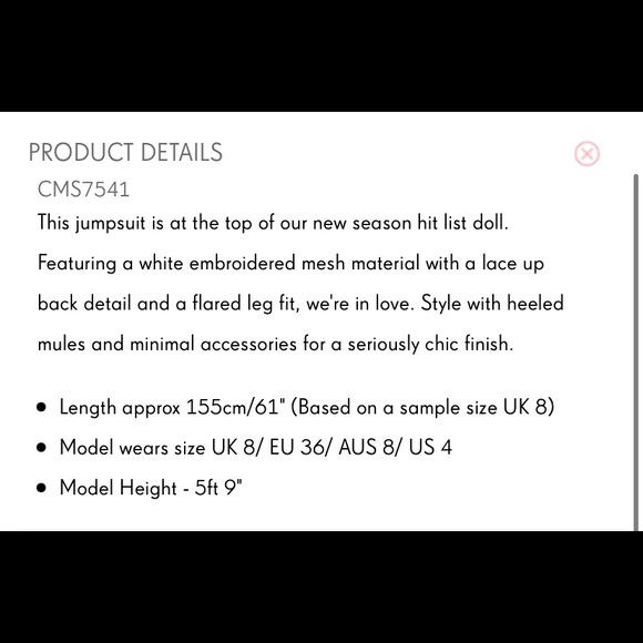 NWT White Embroidered Mesh Lace Up Back Jumpsuit by Pretty Little Thing size 8 - Picture 4 of 7